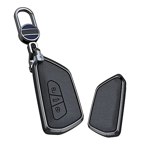 KUNIO Autoschlüssel Abdeckung Passt für VW Golf 8 R GTI GTE Atlas ID.3 ID.4 GTX ID.6X Crozz Seat Leon MK4 für Skoda Zubehör Leder Schlüsseletui Schlüsselhülle Schlüsselanhänger 3 Tasten Schwarz von KUNIO