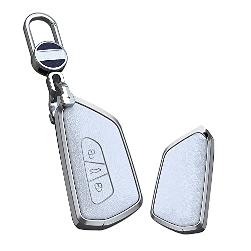 KUNIO Autoschlüssel Abdeckung Passt für VW Golf 8 R GTI GTE Atlas ID.3 ID.4 GTX ID.6X Crozz Seat Leon MK4 für Skoda Zubehör Leder Schlüsseletui Schlüsselhülle Schlüsselanhänger 3 Tasten Weiß von KUNIO