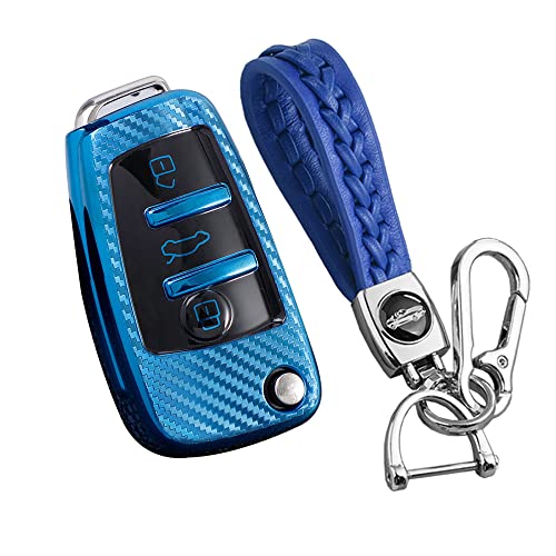 KUNIO Autoschlüssel Hülle Passt für Audi C5 C6 R8 A1 A3 A4 A5 A6 A7 Q3 Q5 Q7 R8 RS RS3 S3 Sline TPU Schlüsselhülle Schlüsselanhänger Klappschlüssel Cover Case Schlüsseletui Schutz Blau von KUNIO