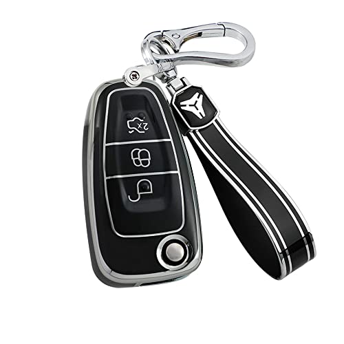 KUNIO Autoschlüssel Hülle Passt für Ford Kuga Focus 2 3 MK3 ST RS Ecosport Escape Fiesta C-Max S-Max Mondeo TPU Schlüsselhülle Schlüsselanhänger Klappschlüssel Cover Schlüsseletui Schwarz von KUNIO