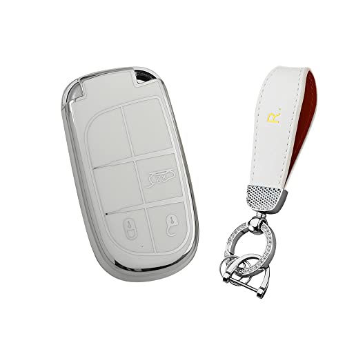 KUNIO Autoschlüssel Hülle Passt für Jeep Renegade Compass Grand Cherokee für Chrysler 300C Dodge Dart für FIAT 500X TPU Schlüsselhülle Cover Schlüsseletui R Schlüsselanhänger Weiß von KUNIO