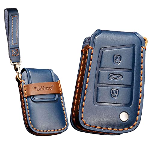 KUNIO Autoschlüssel Hülle Passt für VW Golf 7 MK7 Polo Passat für Skoda Kodiaq für Seat Ibiza Leder Schlüsselanhänger Keyless Schutzhülle Schlüssel Cover Schlüsseletui 3 Tasten B Blau von KUNIO