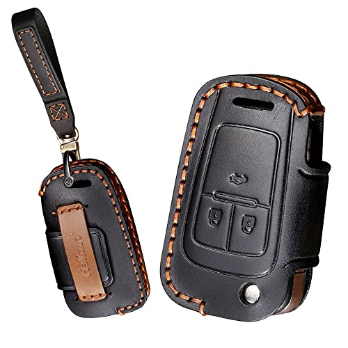 KUNIO Autoschlüssel Schutzhülle Passt für Buick Lacrosse Passt für Chevrolet Cruze Aveo Chevy Equinox Camaro Leder Schlüsselhülle Schlüsselanhänger Klappschlüssel Cover Etui 3 Tasten Schwarz von KUNIO