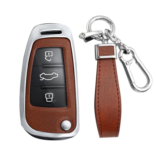 KUNIO Autoschlüsselhülle Passt für Audi A1 A3 8V A4 A6 Q2 Q3 TT TTS RS RS3 S3 Sline Schutzhülle Metall Schlüsselcover Schlüsseletui Schlüsselanhänger A Silber Braun von KUNIO
