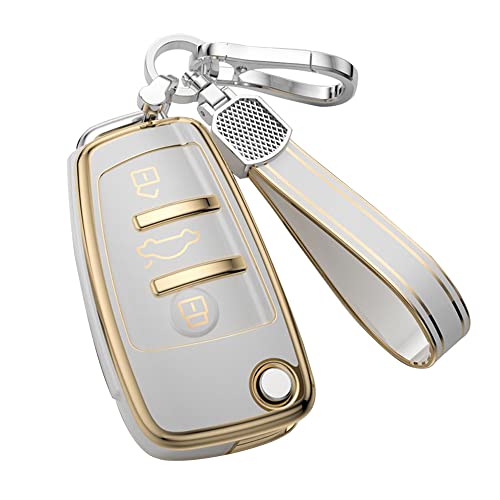 KUNIO Klapp Autoschlüssel Hülle Cover Passt für Audi C5 C6 R8 A1 A3 A4 A5 A6 A7 Q3 Q5 Q7 S6 B6 B7 B8 8P 8V 8L TPU Schlüsselhülle Schlüsselanhänger Schlüssel Etui Schlüsselbox 3 Tasten Weiß von KUNIO