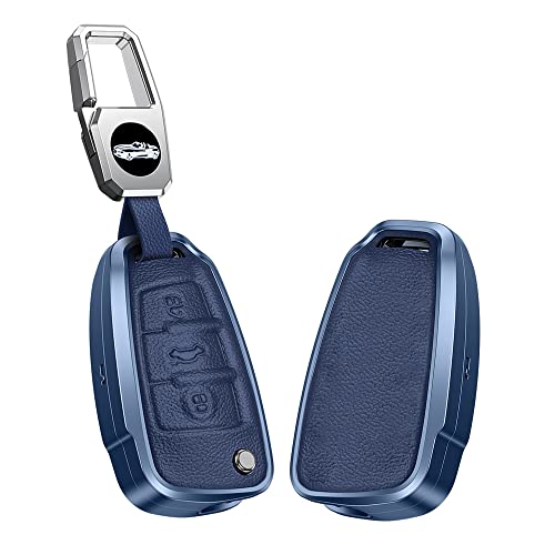 KUNIO Klapp Schlüsselhülle Passt für Audi C5 C6 R8 A1 A3 A4 A5 A6 A7 Q3 Q5 Q7 S6 B6 B7 B8 8P 8V 8L Aluminiumlegierung Leder Autoschlüssel Hülle Schutzhülle Schlüsselanhänger 3 Tasten Blau von KUNIO