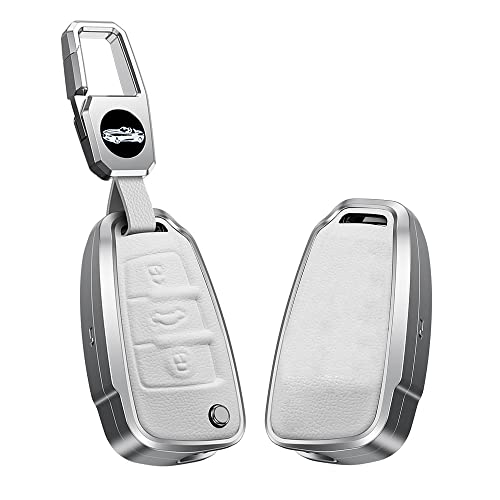 KUNIO Klapp Schlüsselhülle Passt für Audi C5 C6 R8 A1 A3 A4 A5 A6 A7 Q3 Q5 Q7 S6 B6 B7 B8 8P 8V 8L Aluminiumlegierung Leder Autoschlüssel Hülle Schutzhülle Schlüsselanhänger 3 Tasten Weiß von KUNIO