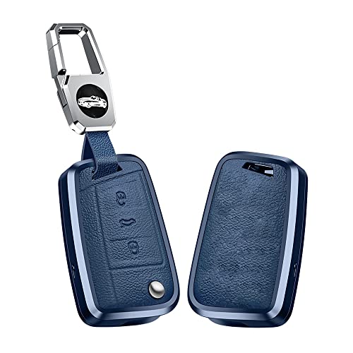KUNIO Klapp Schlüsselhülle Passt für VW Golf 7 Passat MK7 Passt für Skoda Octavia Combi Superb Kodiaq Aluminiumlegierung Leder Autoschlüssel Hülle Schlüsselanhänger Schlüsseletui 3 Tasten Blau von KUNIO