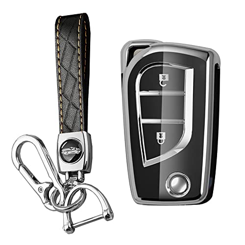 KUNIO Schlüsselhülle Cover Passt für Toyota Yaris Aygo Passt für Peugeot 108 Passt für Citroen C1 TPU Klapp Autoschlüssel Hülle Schlüsselanhänger Schlüsselgehäuse Schutz 2 Tasten Schwarz von KUNIO