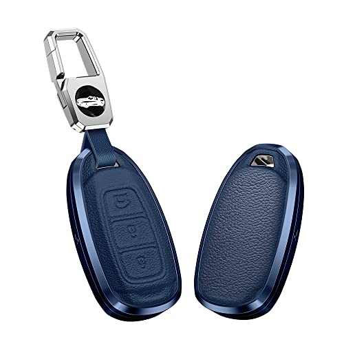 KUNIO Schlüsselhülle Passt für Hyundai i30 i10 Kona ioniq Nexo Encino Solaris Azera Grandeur Ig Accent Aluminiumlegierung Leder Autoschlüssel Hülle Schlüsselanhänger Schutzhülle 3 Tasten Blau von KUNIO