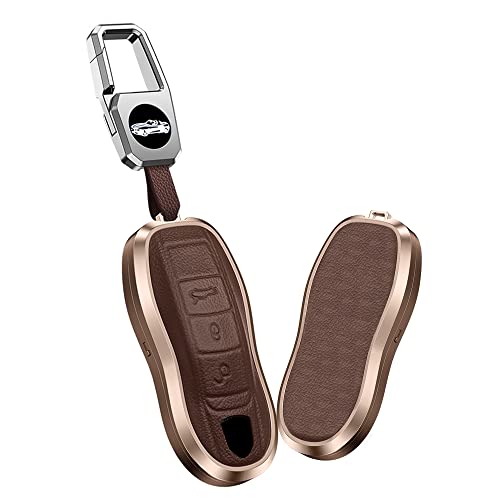 KUNIO Schlüsselhülle Passt für Porsche Macan Panamera 918 911 981 991 Boxster Cayenne Cayman Aluminiumlegierung Leder Autoschlüssel Hülle Schutzhülle Cover Schlüsselanhänger 3 Tasten Braun von KUNIO
