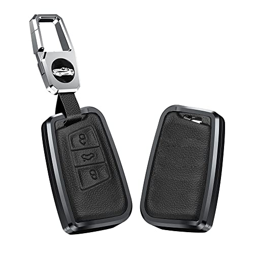 KUNIO Schlüsselhülle Passt für VW Magotan Passat B8 Tiguan MK2 Jetta Passt für Skoda Superb A7 Kodiaq Aluminiumlegierung Leder Autoschlüssel Hülle Schlüsselanhänger Schutzhülle 3 Tasten Schwarz von KUNIO