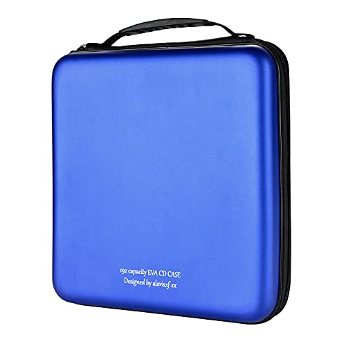 KUOCDSIK CD Tasche, 192 Kapazität, hartes Eva, schützende Blu-ray-CD-Brieftasche, Doppel-Reißverschluss, Handschlaufe, tragbarer CD-Organizer für Auto-Reisen (192 Kapazität, Blau192) von KUOCDSIK