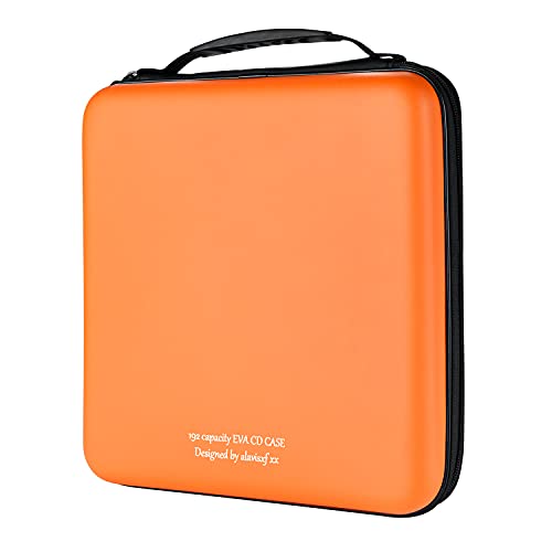 KUOCDSIK CD Tasche, 192 Kapazität Hart Eva Blu-ray CD-Brieftasche Doppelreißverschluss Handschlaufe Tragbare Disc Organizer DVD Hülle für Autofahrten (192 Kapazität, Orange192) von KUOCDSIK