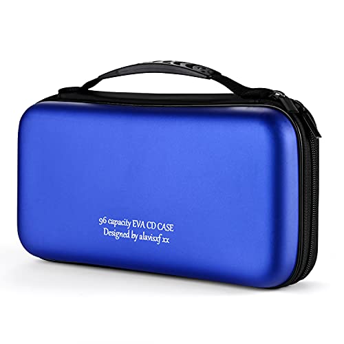 KUOCDSIK CD Tasche, 96 Kapazität Hart Eva Blu-ray CD-Brieftasche Doppelreißverschluss Handschlaufe Tragbare Disc Organizer DVD Hülle für Autofahrten (96 Kapazität, Blau96) von KUOCDSIK