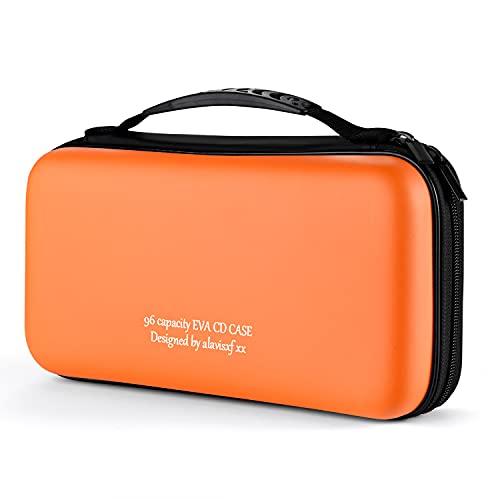 KUOCDSIK CD Tasche, 96 Kapazität Hart Eva Blu-ray CD-Brieftasche Doppelreißverschluss Handschlaufe Tragbare Disc Organizer DVD Hülle für Autofahrten (96 Kapazität, Orange96) von KUOCDSIK