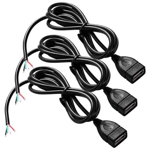 KUOQIY 3 Stücke USB-A Weiblicher 5V / 3A Pigtail offenes Ende Stromkabel, 1m 22 AWG USB 2.0 Weiblicher 4-poliger Draht DIY Pigtail-Kabel, für USB-Geräte Reparatur DIY-Kabel von KUOQIY