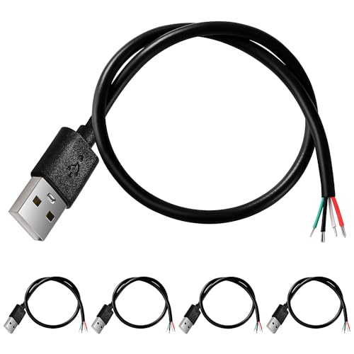 KUOQIY 5 Stücke USB-A Stecker 5V / 3A Pigtail offenes Ende Stromkabel, 30cm 22 AWG USB 2.0 Stecker 4-poliger Draht DIY Pigtail-Kabel, für USB-Geräte Reparatur DIY-Kabel von KUOQIY