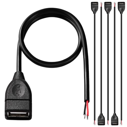 KUOQIY 5 Stücke USB-A Weiblicher 5V / 3A Pigtail offenes Ende Stromkabel, 30cm 22 AWG USB 2.0 Weiblicher 2-poliger Draht DIY Pigtail-Kabel, für USB-Geräte Reparatur DIY-Kabel von KUOQIY