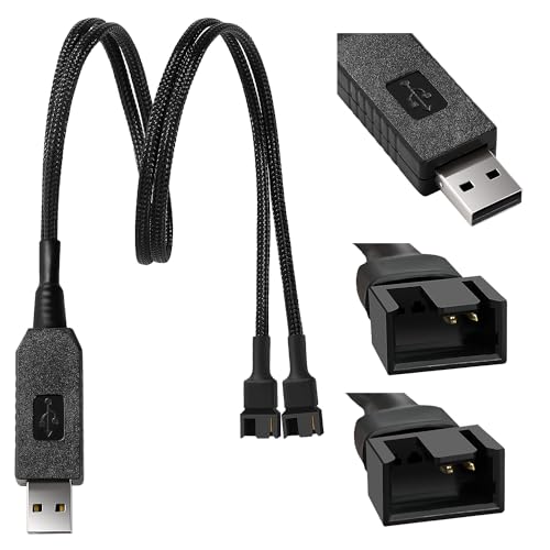 KUOQIY 50cm Full Speed 12V Step-Up USB Stecker auf Dual 3Pin und 4Pin Stecker PC-Lüfter Anschlusskabel, USB A auf 3Pin/4Pin Ummanteltes Netzteilkabel, Geflochtenes von KUOQIY
