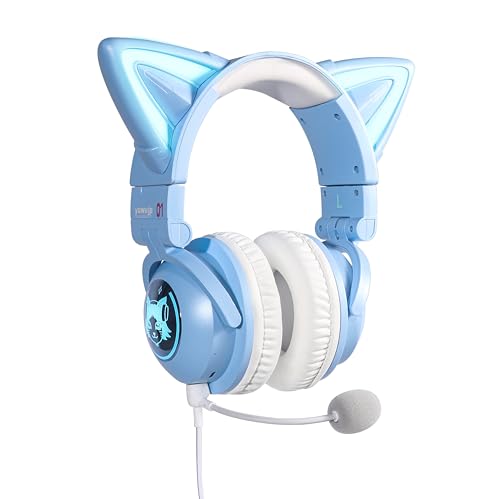 KUQIRMAOERJI Kabellose Katzenohr-Kopfhörer (12 Farbwechsel) mit anschließbarem, ansteckbarem HD-Mikrofon und Mikrofon-Stummschalttaste, 3,5-mm-Klinke, Gaming für Diverse Spielkonsolen (Blue) von KUQIRMAOERJI