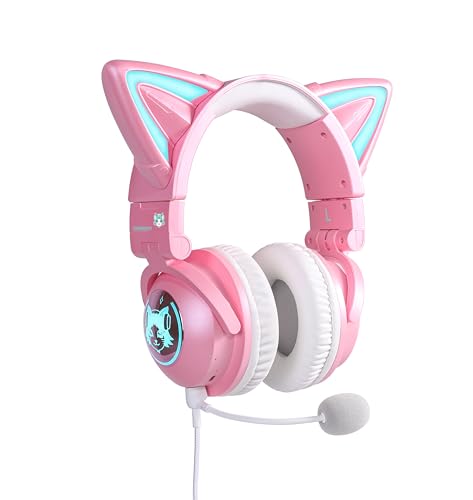 KUQIRMAOERJI Kabellose Katzenohr-Kopfhörer (12 Farbwechsel) mit anschließbarem, ansteckbarem HD-Mikrofon und Mikrofon-Stummschalttaste, 3,5-mm-Klinke, Gaming für Diverse Spielkonsolen (Pink) von KUQIRMAOERJI
