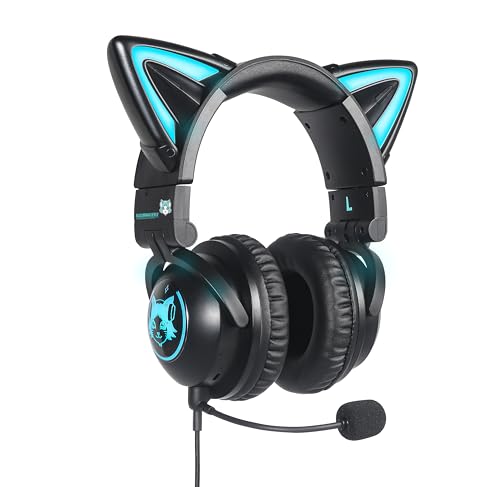 KUQIRMAOERJI Miko-J Kabellose Katzenohr-Kopfhörer (12 Farbwechsel) mit ansteckbaren HD-Mikrofon,Mikrofon-Stummschalttaste, 3,5-mm-Klinke, Gaming (Blackcolor) von KUQIRMAOERJI