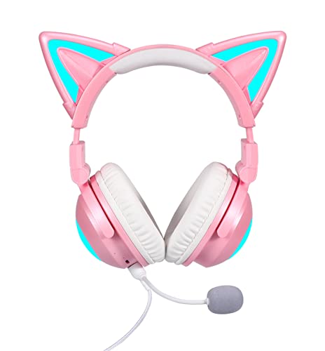 KUQIRMAOERJI Neue Kabellose Katzenohr-Kopfhörer (12 Farbwechsel), 8 Blinkmodi,mit anschließbarem HD-Mikrofon und Mikrofon-Stummschalttaste, 3,5-mm-Buchse, Gaming Pro (Pink) von KUQIRMAOERJI