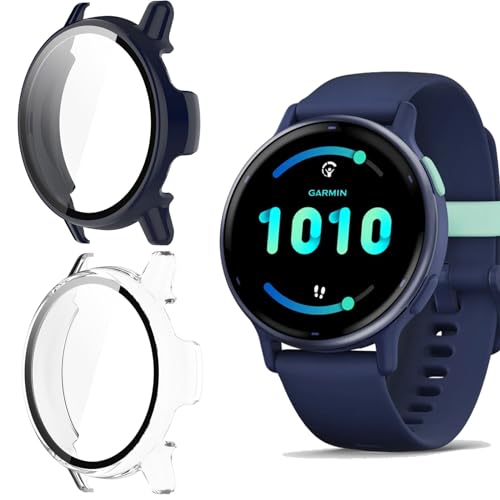 KUSINHOKA 2 Stück Hard Hülle für Garmin Vivoactive 5 mit Anti-Kratzen Schutzfolie, HD Klar Displayschutzfolie 360° Rundum Vollständige Abdeckung Ultradünne [Stoßfest] PC Schutzhülle, Blau+Transparent von KUSINHOKA