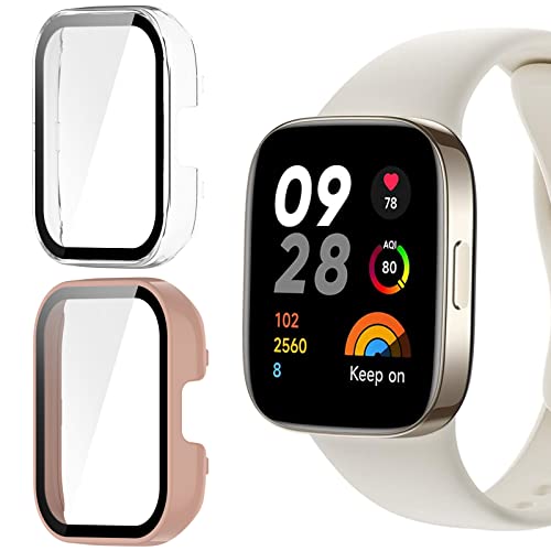 KUSINHOKA [2 Stück Hard Hülle für Xiaomi Redmi Watch 3 mit Anti-Kratzen Schutzfolie, HD Klar Displayschutzfolie Vollständige Abdeckung [Stoßfest] PC Schutzhülle Case, Sakura Rosa + Transluzent von KUSINHOKA