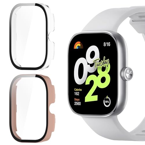 KUSINHOKA 2 Stück Hard Hülle für Xiaomi Redmi Watch 4 mit Anti-Kratzen Schutzfolie, HD Klar Displayschutzfolie 360°Rundum Vollständige Abdeckung Ultradünne Stoßfest PC Schutzhülle, Transparent + Rosa von KUSINHOKA