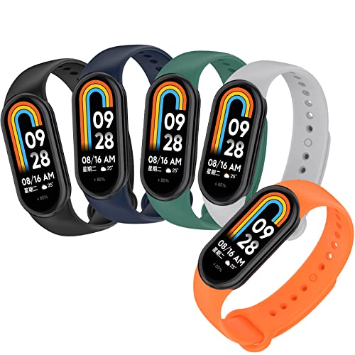 KUSINHOKA Armband für Xiaomi Smart Band 8, [5 Stück] Weiche Silikon Ersatz Uhrenarmband Verstellbares Schnelle Demontage Ersatzarmband Strap, Schwarz+Grau+Mitternachtsblau+Meditationsgrün+Orange von KUSINHOKA