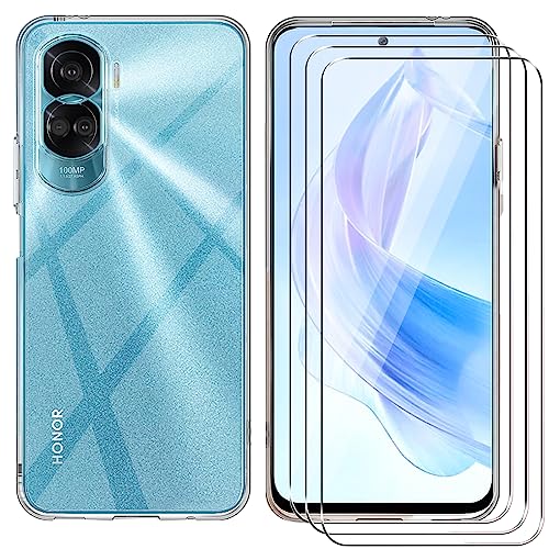 KUSINHOKA Hülle für Honor 90 Lite + 3 Stück Panzerfolie, Weich TPU Matt Anti-Kratzer Handyhülle Ultradünn Stoßfest Schutzhülle Fallschutz Kameraschutz Protective Case für Honor 90 Lite, Klar von KUSINHOKA