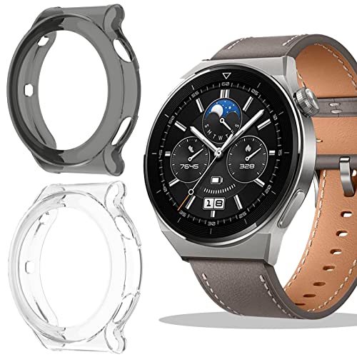 KUSINHOKA Hülle für Huawei Watch GT 3 Pro 46mm, [2 Stück] Ultradünn Silikon [Anti-Kratzen] [Stoßfest] Rahmen Stoßfänger Schutzhülle für Huawei Watch GT 3 Pro 46mm, Schwarz + Transparent von KUSINHOKA
