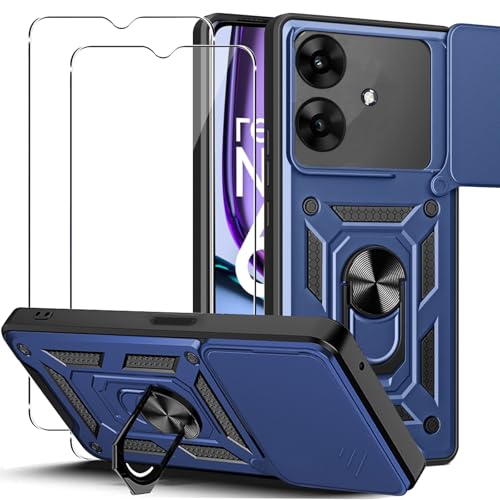 KUSINHOKA Hülle für Realme Note 60 4G mit 2 Stück Schutzfolie, [360 Grad Ring Ständer][Kameraschutz] Silikon Stoßfest Hart PC Rückseite Kratzfest Rüstung Schutzhülle Handyhülle, Blau von KUSINHOKA