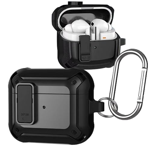 KUSINHOKA Hülle für Samsung Galaxy Buds 3/Buds 3 Pro, Hybrid Schwerlast Rüstung Anti-Verloren [Stoßfest] Schutzhülle Ohrhörer Gehäuse Abdeckung Case mit Karabiner, Schwarz von KUSINHOKA