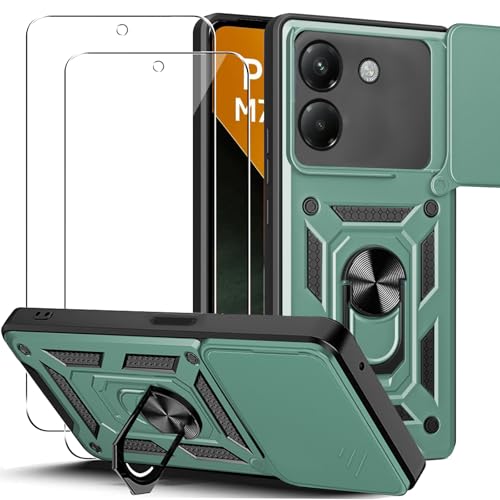 KUSINHOKA Hülle für Xiaomi Poco M7 Pro 5G mit 2 Stück Schutzfolie, [360 Grad Ring Ständer][Kameraschutz] Silikon Stoßfest Hart PC Rückseite Kratzfest Rüstung Schutzhülle Handyhülle, Grün von KUSINHOKA