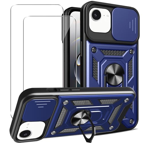 KUSINHOKA Hülle für iPhone 16e mit 2 Stück Schutzfolie, [360 Grad Ring Ständer][Kameraschutz] Silikon Handyhülle Stoßfest Hart PC Rückseite Kratzfest Rüstung Schutzhülle, Blau von KUSINHOKA