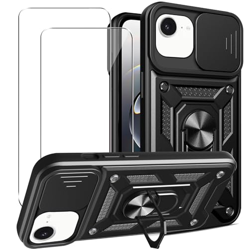 KUSINHOKA Hülle für iPhone 16e mit 2 Stück Schutzfolie, [360 Grad Ring Ständer][Kameraschutz] Silikon Handyhülle Stoßfest Hart PC Rückseite Kratzfest Rüstung Schutzhülle, Schwarz von KUSINHOKA