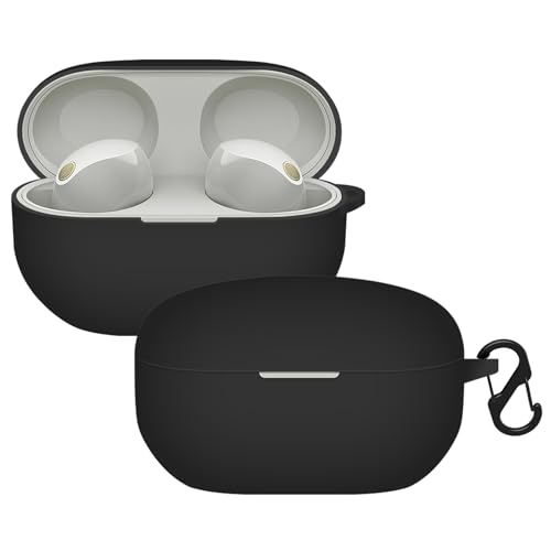 KUSINHOKA Silikonhülle Kompatibel mit Sony WF-1000XM5, Unterstützt kabelloses Laden Schlank Stoßfest Kopfhörer Hülle Leichte Anti-Verloren Schutz Ohrhörer Abdeckung mit Karabiner, Schwarz von KUSINHOKA