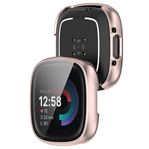 KUTEWEU Hülle Kompatibel mit Fitbit Versa 4/ Fitbit Sense 2, 9H Härte Mit Glasfolie Schutzfolie Anti Kratzen PC Cover Schutzhülle Case für Fitbit Versa 4/ Sense 2 Smartwatch (2 Stück Roségold) von KUTEWEU