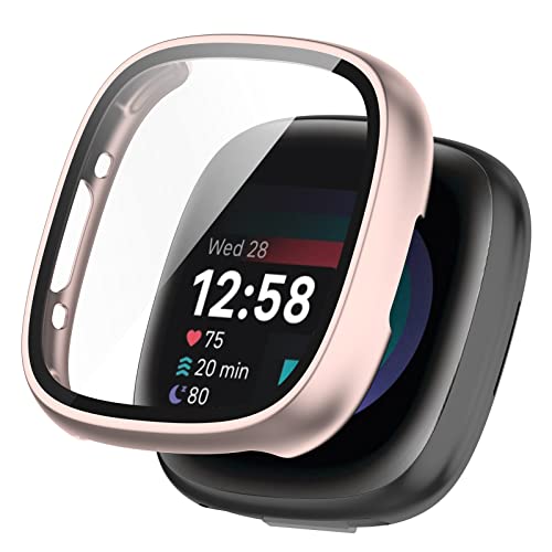 KUTEWEU Hülle Kompatibel mit Fitbit Versa 4/ Fitbit Sense 2, 9H Härte Mit Glasfolie Schutzfolie Anti Kratzen PC Cover Schutzhülle Case für Fitbit Versa 4/ Sense 2 Smartwatch (Roségold) von KUTEWEU