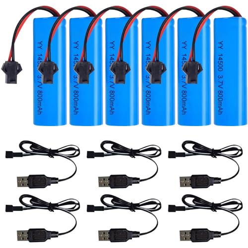 KUWUNG 14500 Akku 3,7v, 6 Stück 800mAh Li-Ion Battery mit 6 SM-2P-Steckern und USB-Ladegerät, Rechargable RC Akku für RC Fahrzeuge, Boote, Panzer, Auto, Roboter, Stunt Car von KUWUNG