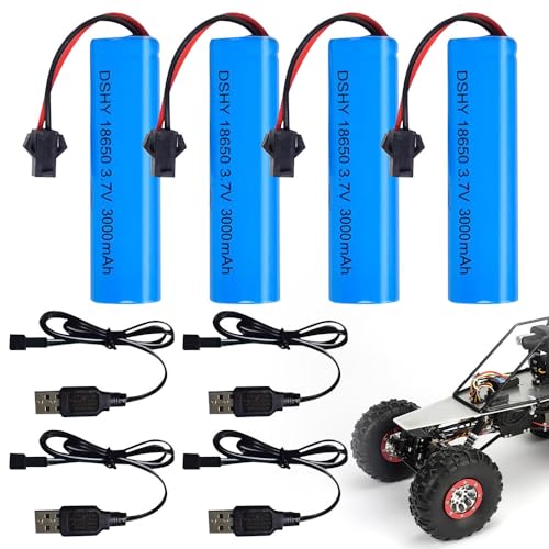 KUWUNG 18650 Akku 3,7v, 4 Stück 3000mAh Li-Ion Battery mit 4 SM-2P-Steckern und USB-Ladegerät, Rechargable RC Akku für RC Fahrzeuge, Boote, Roboter, Panzer, Auto, Stunt Car von KUWUNG