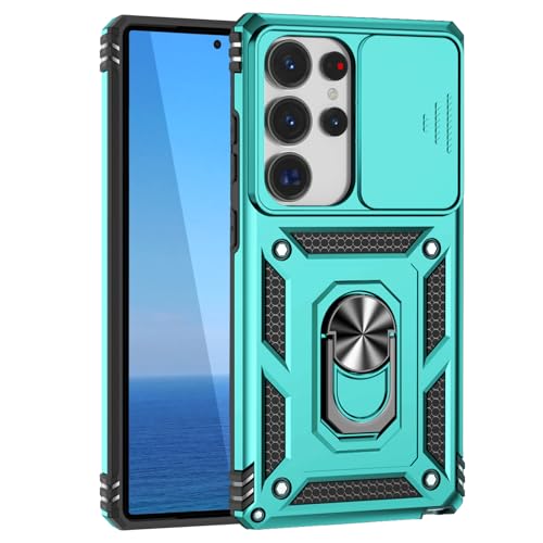 KUXNGUYI Kompatibel mit Samsung Galaxy S25 Ultra Hülle mit Kameraschutz & 360° Metall Ring Ständer, 25Ultra S25Ultra 5G Schutzhülle Stoßfestes Robustes Stoßfänger Handyhülle, Cyan von KUXNGUYI