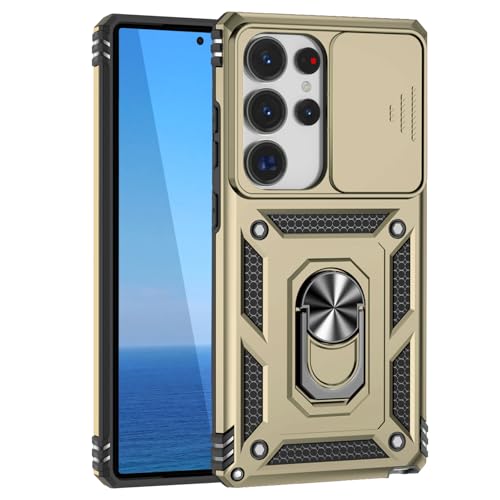 KUXNGUYI Kompatibel mit Samsung Galaxy S25 Ultra Hülle mit Kameraschutz & 360° Metall Ring Ständer, 25Ultra S25Ultra 5G Schutzhülle Stoßfestes Robustes Stoßfänger Handyhülle, Gold von KUXNGUYI