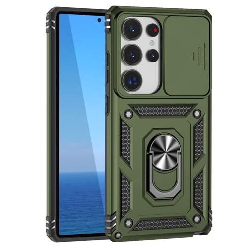 KUXNGUYI Kompatibel mit Samsung Galaxy S25 Ultra Hülle mit Kameraschutz & 360° Metall Ring Ständer, 25Ultra S25Ultra 5G Schutzhülle Stoßfestes Robustes Stoßfänger Handyhülle, Olivgrün von KUXNGUYI