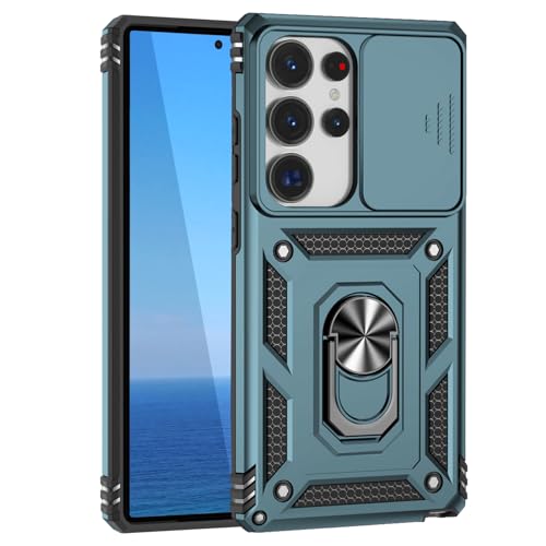 KUXNGUYI Kompatibel mit Samsung Galaxy S25 Ultra Hülle mit Kameraschutz & 360° Metall Ring Ständer, 25Ultra S25Ultra 5G Schutzhülle Stoßfestes Robustes Stoßfänger Handyhülle, Retro grün von KUXNGUYI