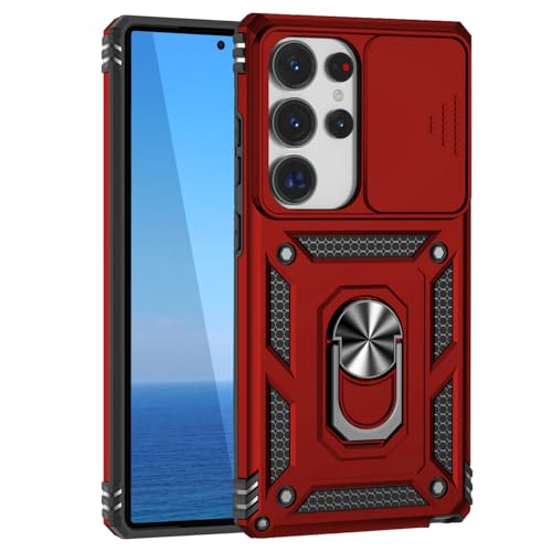 KUXNGUYI Kompatibel mit Samsung Galaxy S25 Ultra Hülle mit Kameraschutz & 360° Metall Ring Ständer, 25Ultra S25Ultra 5G Schutzhülle Stoßfestes Robustes Stoßfänger Handyhülle, Rot von KUXNGUYI