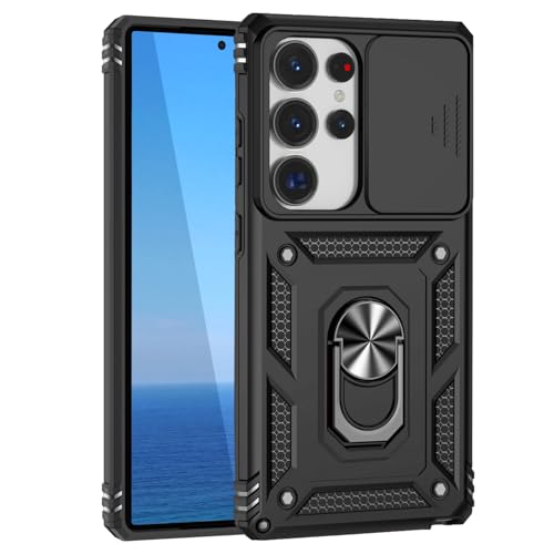 KUXNGUYI Kompatibel mit Samsung Galaxy S25 Ultra Hülle mit Kameraschutz & 360° Metall Ring Ständer, 25Ultra S25Ultra 5G Schutzhülle Stoßfestes Robustes Stoßfänger Handyhülle, Schwarz von KUXNGUYI